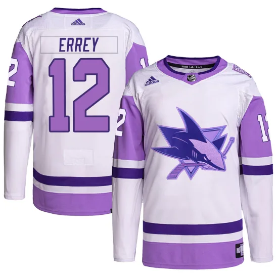 Adidas Bob Errey San Jose Sharks Youth Authentic Hockey Fights Cancer Primegreen Jersey - White/Purple
