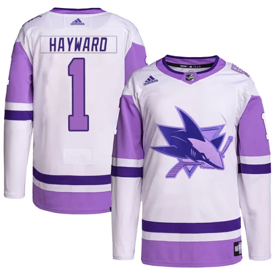 Adidas Brian Hayward San Jose Sharks Youth Authentic Hockey Fights Cancer Primegreen Jersey - White/Purple