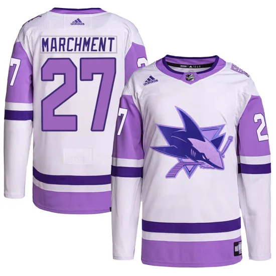 Adidas Bryan Marchment San Jose Sharks Youth Authentic Hockey Fights Cancer Primegreen Jersey - White/Purple
