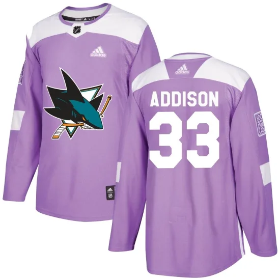 Adidas Calen Addison San Jose Sharks Youth Authentic Hockey Fights Cancer Jersey - Purple