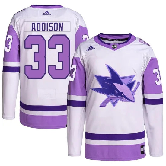 Adidas Calen Addison San Jose Sharks Youth Authentic Hockey Fights Cancer Primegreen Jersey - White/Purple