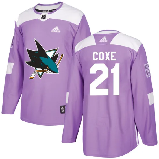 Adidas Craig Coxe San Jose Sharks Authentic Hockey Fights Cancer Jersey - Purple