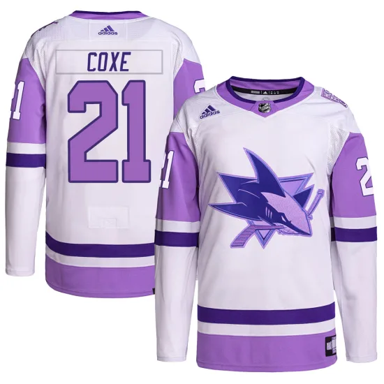 Adidas Craig Coxe San Jose Sharks Authentic Hockey Fights Cancer Primegreen Jersey - White/Purple