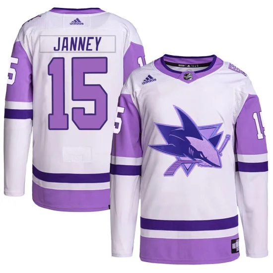 Adidas Craig Janney San Jose Sharks Youth Authentic Hockey Fights Cancer Primegreen Jersey - White/Purple