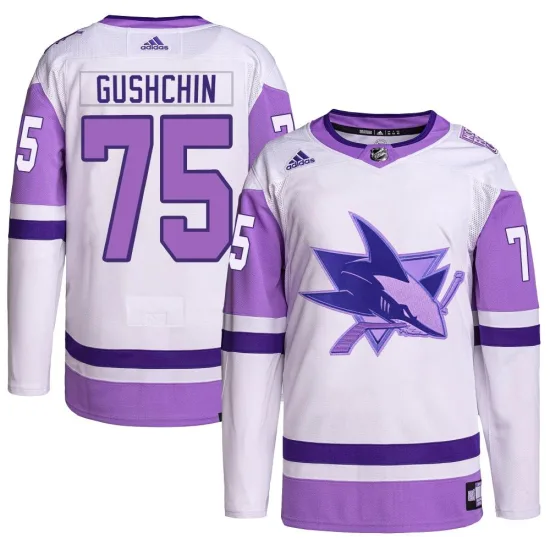 Adidas Danil Gushchin San Jose Sharks Youth Authentic Hockey Fights Cancer Primegreen Jersey - White/Purple