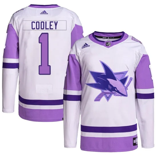 Adidas Devin Cooley San Jose Sharks Authentic Hockey Fights Cancer Primegreen Jersey - White/Purple