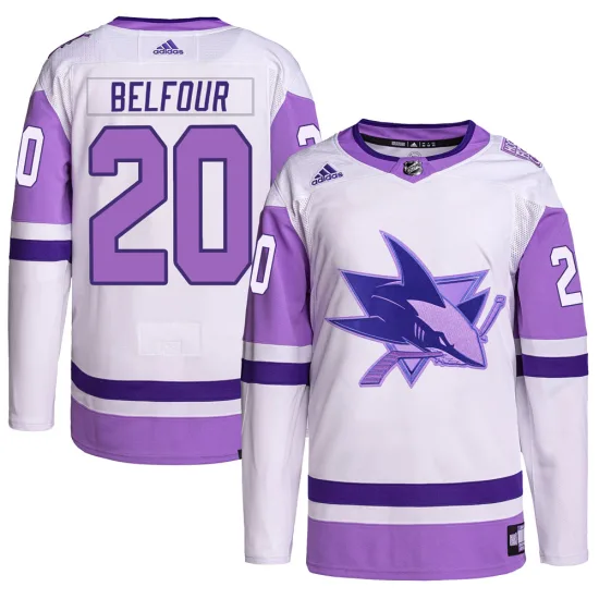 Adidas Ed Belfour San Jose Sharks Authentic Hockey Fights Cancer Primegreen Jersey - White/Purple
