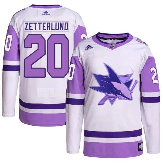 Adidas Fabian Zetterlund San Jose Sharks Youth Authentic Hockey Fights Cancer Primegreen Jersey - White/Purple