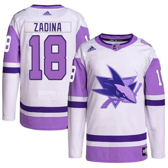 Adidas Filip Zadina San Jose Sharks Authentic Hockey Fights Cancer Primegreen Jersey - White/Purple
