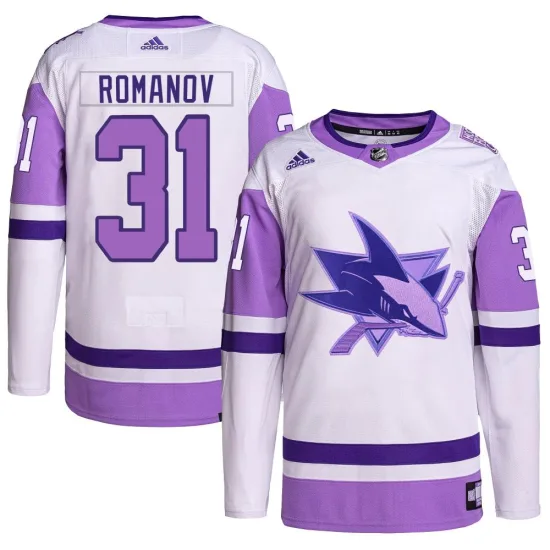 Adidas Georgi Romanov San Jose Sharks Youth Authentic Hockey Fights Cancer Primegreen Jersey - White/Purple