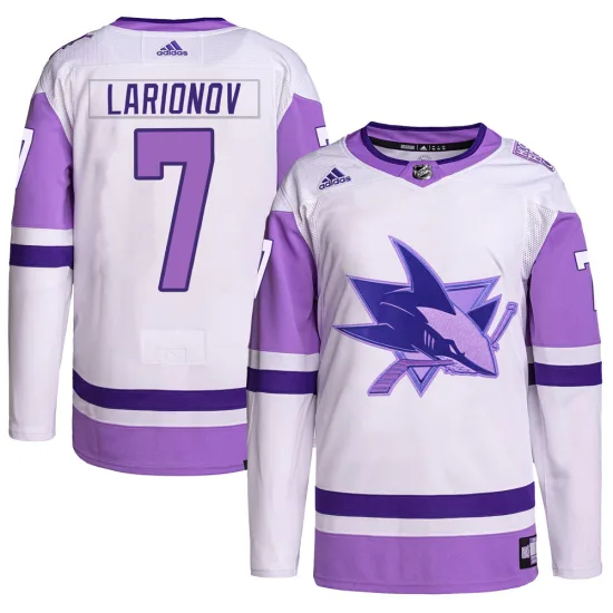 Adidas Igor Larionov San Jose Sharks Youth Authentic Hockey Fights Cancer Primegreen Jersey - White/Purple