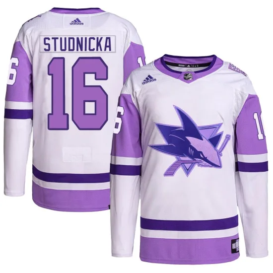 Adidas Jack Studnicka San Jose Sharks Authentic Hockey Fights Cancer Primegreen Jersey - White/Purple