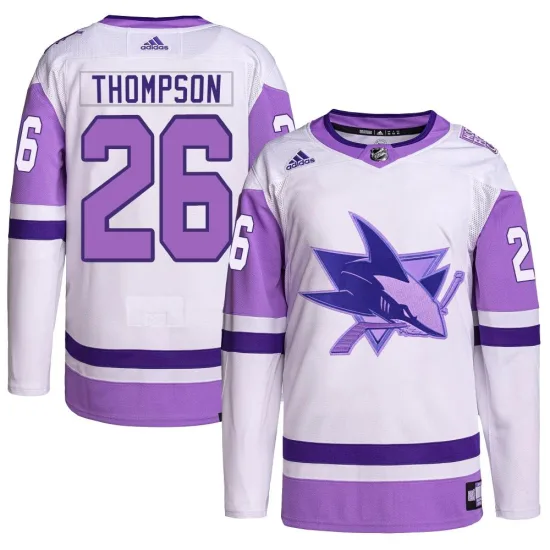 Adidas Jack Thompson San Jose Sharks Youth Authentic Hockey Fights Cancer Primegreen Jersey - White/Purple
