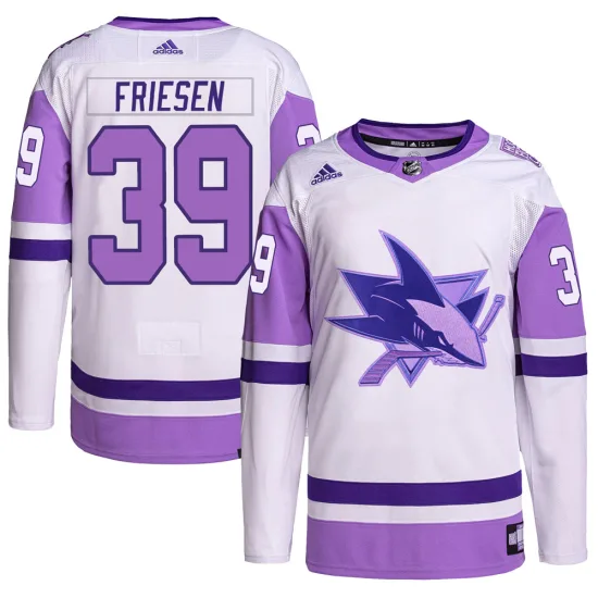 Adidas Jeff Friesen San Jose Sharks Youth Authentic Hockey Fights Cancer Primegreen Jersey - White/Purple