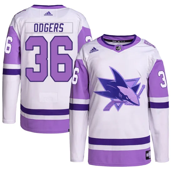 Adidas Jeff Odgers San Jose Sharks Authentic Hockey Fights Cancer Primegreen Jersey - White/Purple