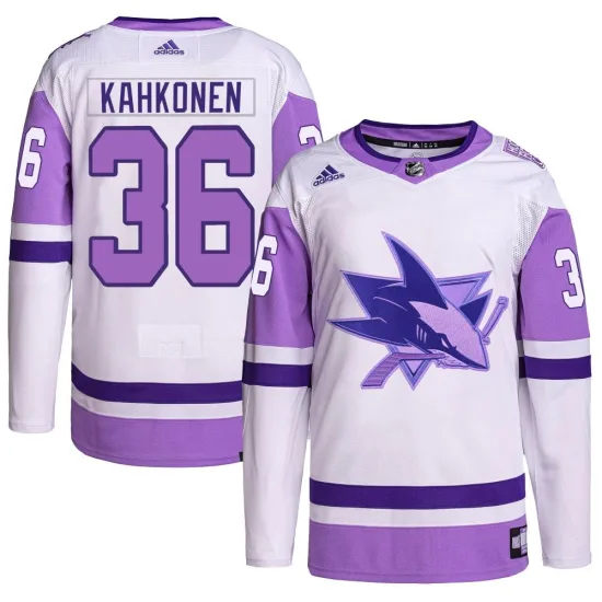 Adidas Kaapo Kahkonen San Jose Sharks Youth Authentic Hockey Fights Cancer Primegreen Jersey - White/Purple
