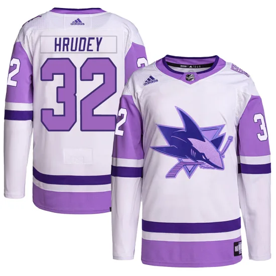 Adidas Kelly Hrudey San Jose Sharks Authentic Hockey Fights Cancer Primegreen Jersey - White/Purple