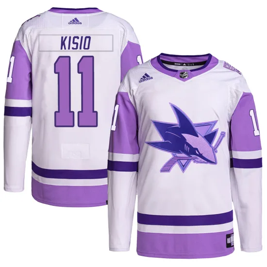 Adidas Kelly Kisio San Jose Sharks Youth Authentic Hockey Fights Cancer Primegreen Jersey - White/Purple