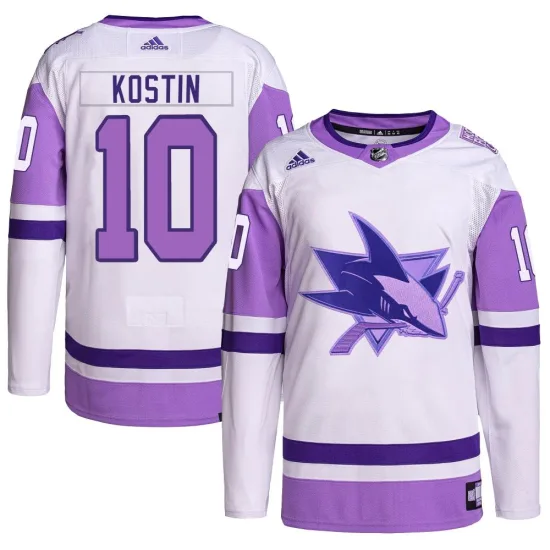 Adidas Klim Kostin San Jose Sharks Youth Authentic Hockey Fights Cancer Primegreen Jersey - White/Purple