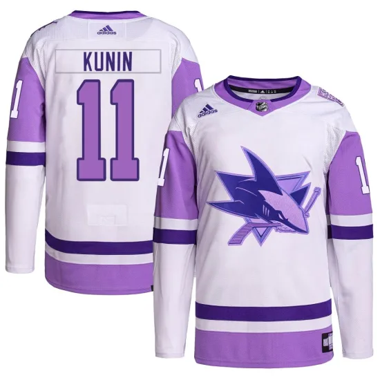 Adidas Luke Kunin San Jose Sharks Youth Authentic Hockey Fights Cancer Primegreen Jersey - White/Purple