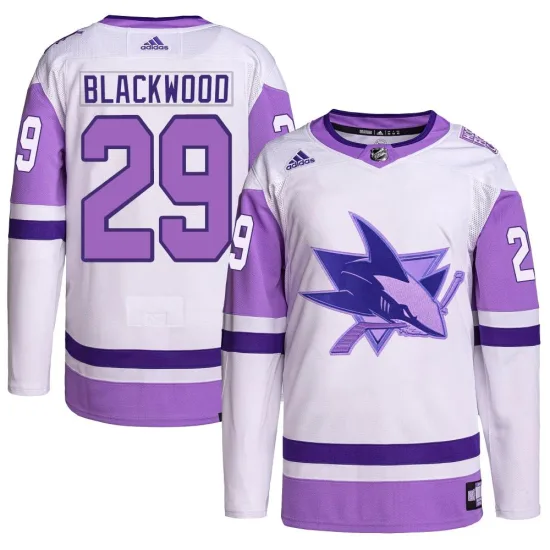 Adidas Mackenzie Blackwood San Jose Sharks Youth Authentic Hockey Fights Cancer Primegreen Jersey - White/Purple