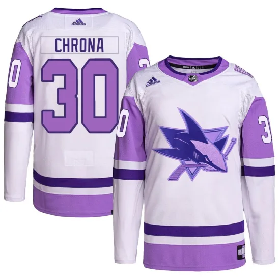 Adidas Magnus Chrona San Jose Sharks Youth Authentic Hockey Fights Cancer Primegreen Jersey - White/Purple