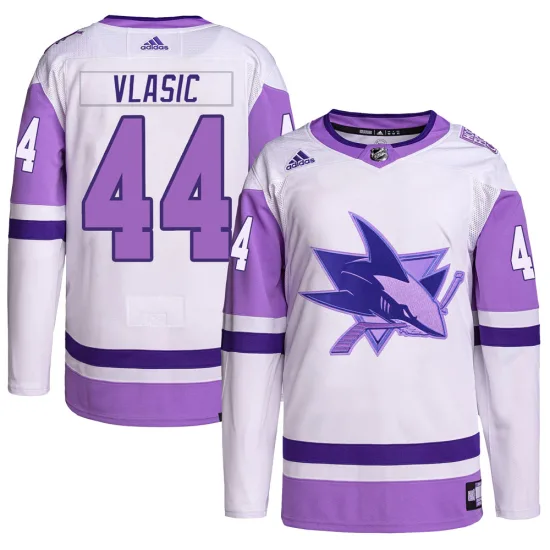 Adidas Marc-Edouard Vlasic San Jose Sharks Authentic Hockey Fights Cancer Primegreen Jersey - White/Purple