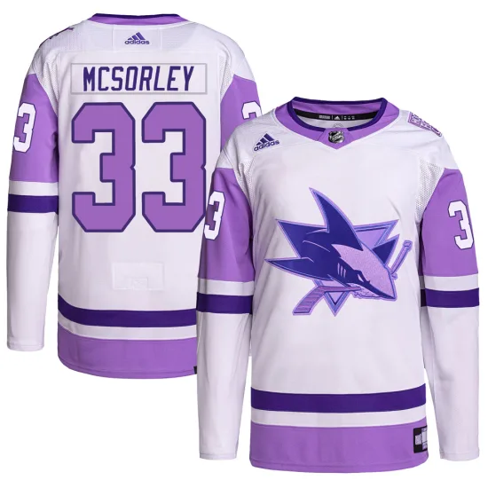 Adidas Marty Mcsorley San Jose Sharks Authentic Hockey Fights Cancer Primegreen Jersey - White/Purple