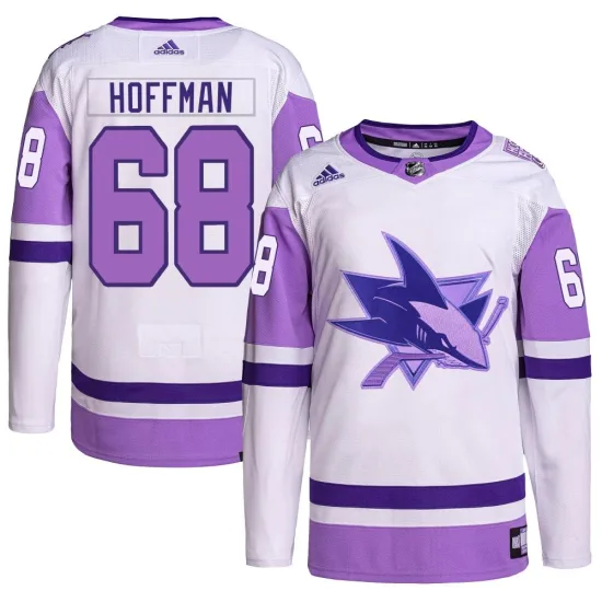 Adidas Mike Hoffman San Jose Sharks Authentic Hockey Fights Cancer Primegreen Jersey - White/Purple
