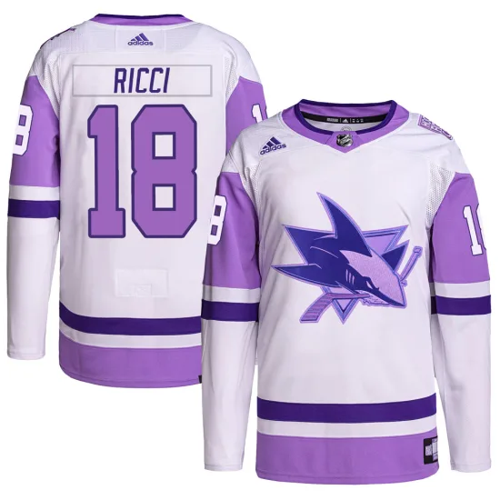 Adidas Mike Ricci San Jose Sharks Authentic Hockey Fights Cancer Primegreen Jersey - White/Purple