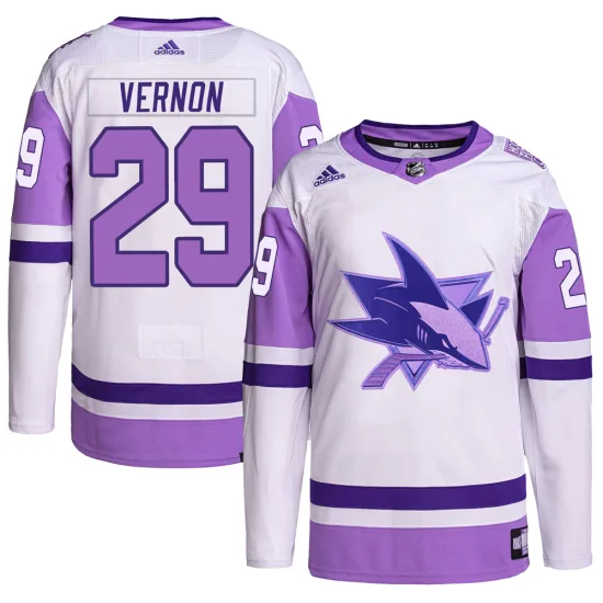 Adidas Mike Vernon San Jose Sharks Youth Authentic Hockey Fights Cancer Primegreen Jersey - White/Purple