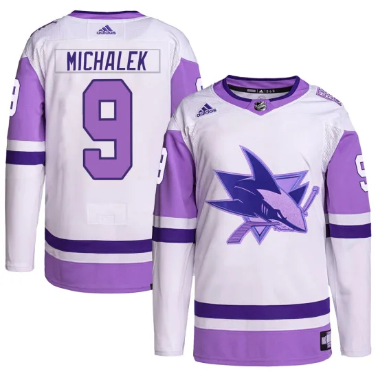 Adidas Milan Michalek San Jose Sharks Youth Authentic Hockey Fights Cancer Primegreen Jersey - White/Purple