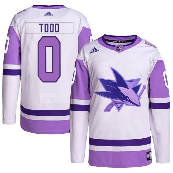 Adidas Nathan Todd San Jose Sharks Authentic Hockey Fights Cancer Primegreen Jersey - White/Purple