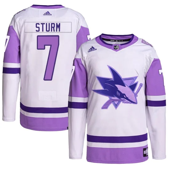 Adidas Nico Sturm San Jose Sharks Youth Authentic Hockey Fights Cancer Primegreen Jersey - White/Purple