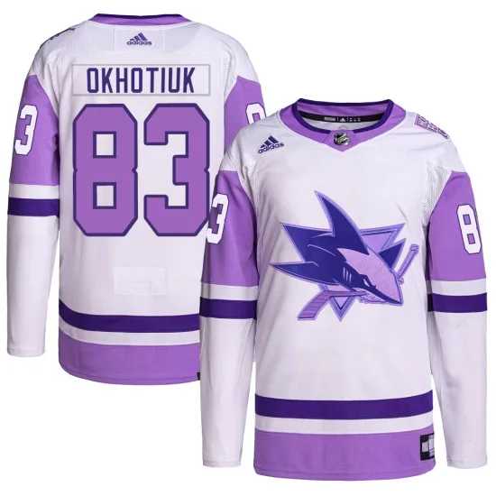 Adidas Nikita Okhotiuk San Jose Sharks Youth Authentic Hockey Fights Cancer Primegreen Jersey - White/Purple
