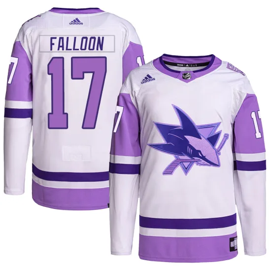 Adidas Pat Falloon San Jose Sharks Youth Authentic Hockey Fights Cancer Primegreen Jersey - White/Purple