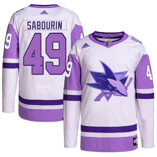 Adidas Scott Sabourin San Jose Sharks Youth Authentic Hockey Fights Cancer Primegreen Jersey - White/Purple