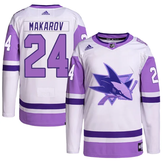Adidas Sergei Makarov San Jose Sharks Youth Authentic Hockey Fights Cancer Primegreen Jersey - White/Purple