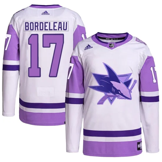 Adidas Thomas Bordeleau San Jose Sharks Authentic Hockey Fights Cancer Primegreen Jersey - White/Purple