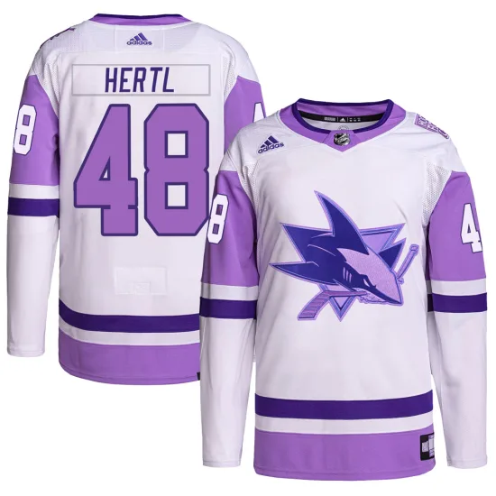 Adidas Tomas Hertl San Jose Sharks Youth Authentic Hockey Fights Cancer Primegreen Jersey - White/Purple