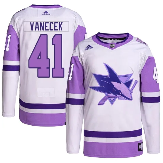 Adidas Vitek Vanecek San Jose Sharks Youth Authentic Hockey Fights Cancer Primegreen Jersey - White/Purple