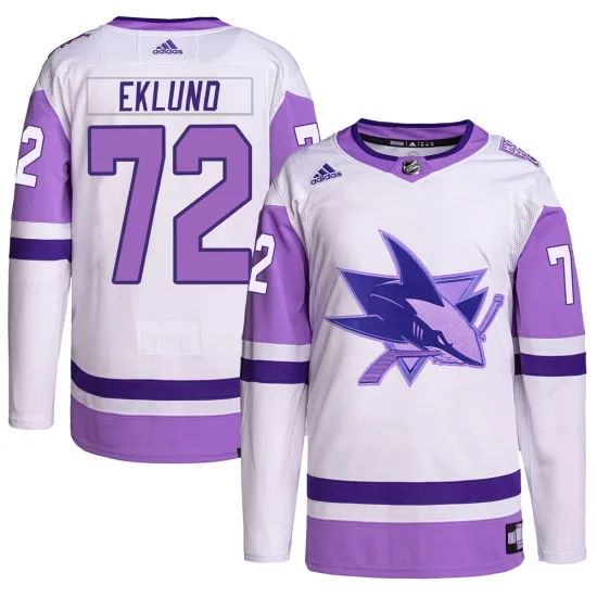 Adidas William Eklund San Jose Sharks Youth Authentic Hockey Fights Cancer Primegreen Jersey - White/Purple